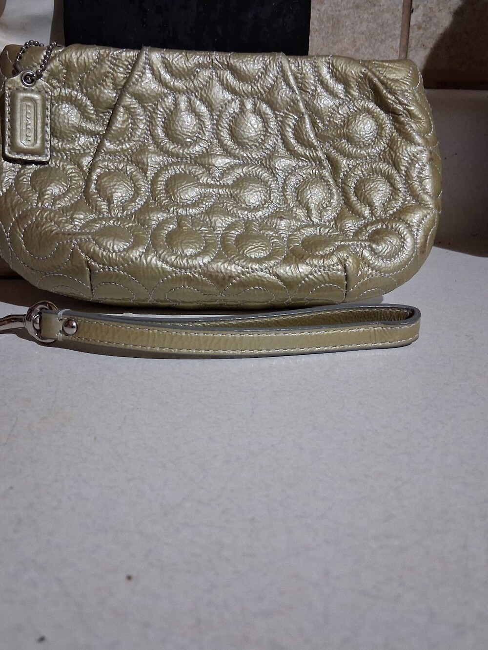 Coach Metallic Gold Leather Embossed C Pattern Wristlet Clutch